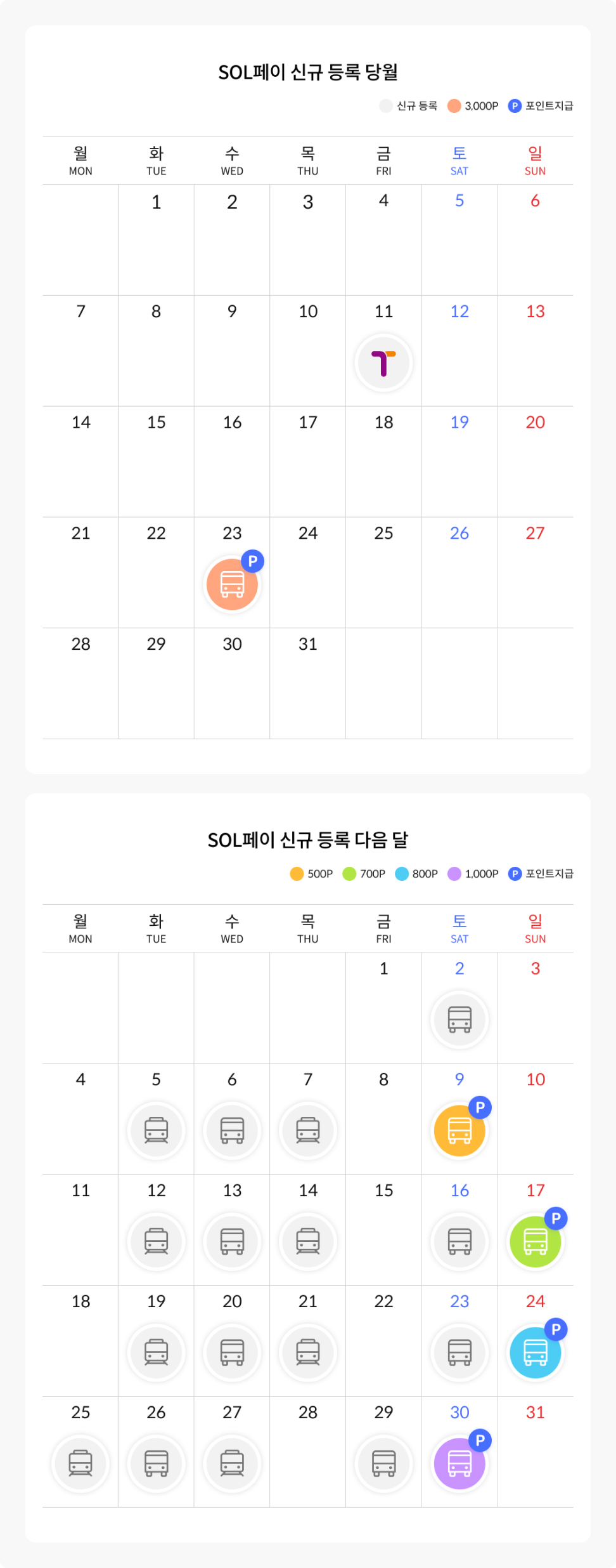 SOL페이 신규등록 당월 달력 모바일 이미지